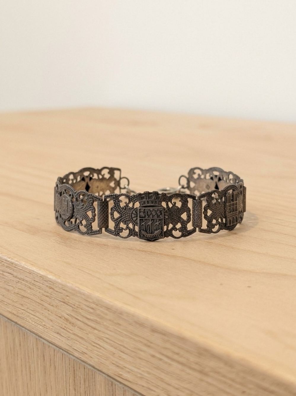 Vintage French Art Deco Paris Souvenir Filigree Panel Link Bracelet - Silver Ton